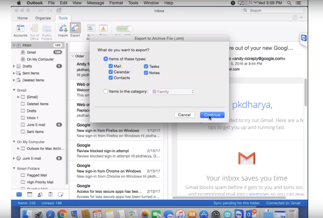 gmail in outlook 2016 for mac
